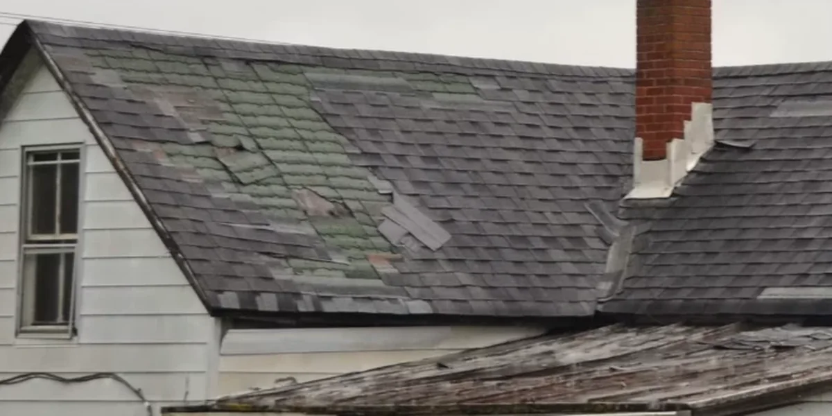Appraisal addendum, rear view: a patched section of mismatched shingles, with tabs lifting, across the main roof